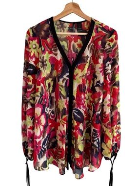 Bisou Bisou Womens Floral Sheer Oversizsed Top Sz L Button Up Artsy Boho Office